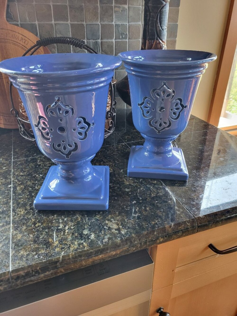 2 Blue Candle Holders - stand 10 in high and 7 in wide - Unique shade of blue!!
